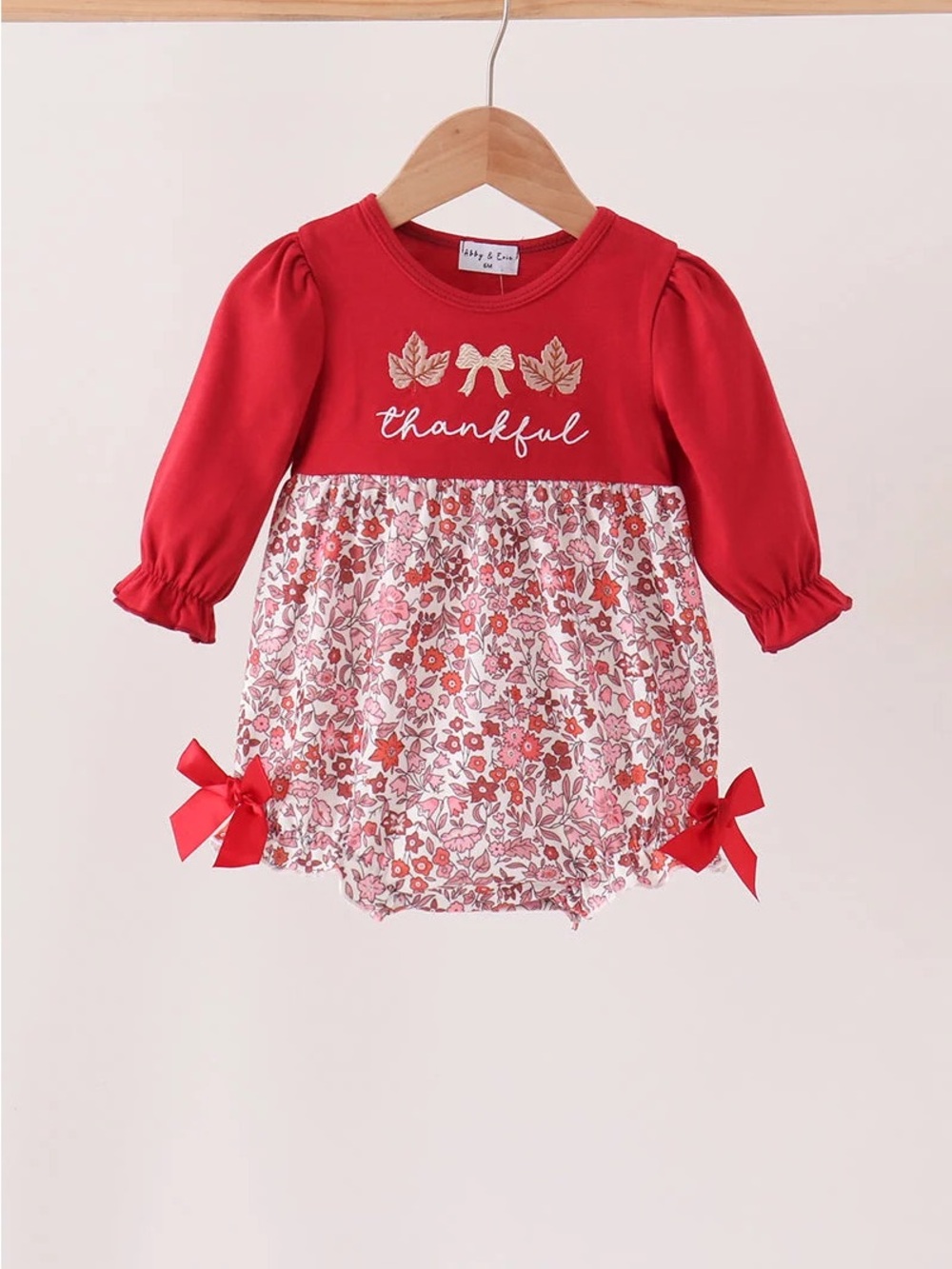 Abby & Evie Maroon Thankful Floral Leaves Embroidey Bubble